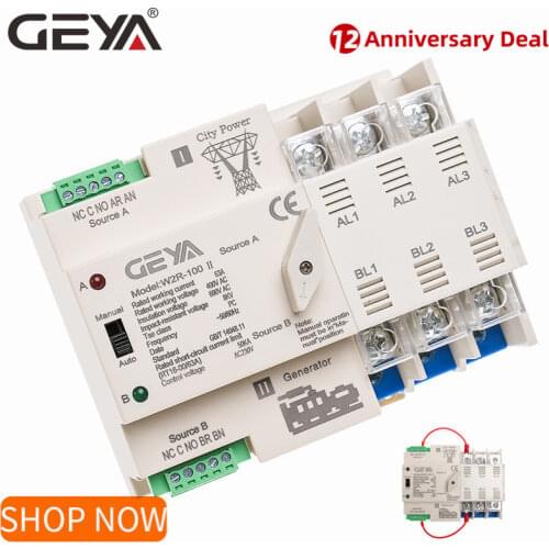 GEYA W2R ATS 3Phase Dual Power Automatic Transfer Switch Uninterrupted Power Controller 63A 100A 110V 220V Wire Gift
