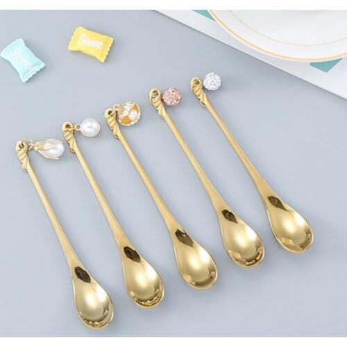 Coffee Spoon 201 Stainless Steel Gold Cutlery with Pearl Shell Ball Pendant Dessert Tool Dinnerware