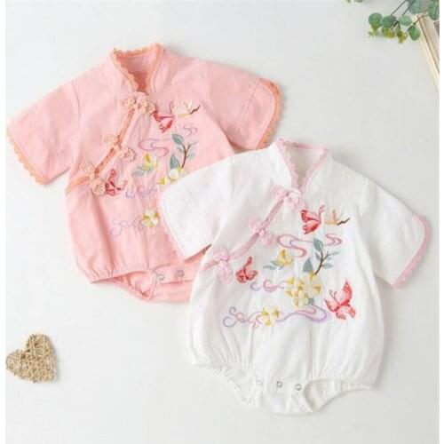 Newborn Baby Girls Romper Summer Cotton Embroidered Retro Baby Clothes Hanfu Chinese Style Infant Girls Jumpsuit Cheongsam