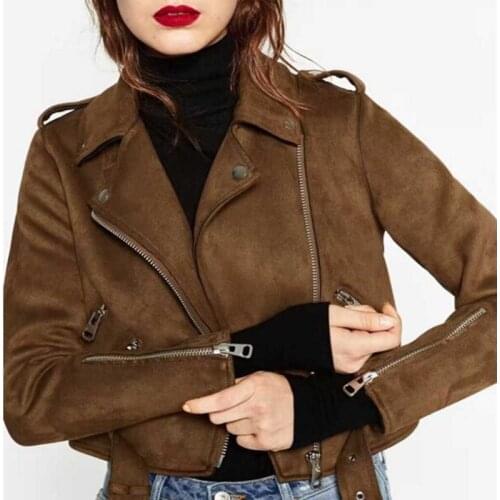 New women Faux Suede Jacket Autumn locomotive Motorcycle Biker Lapel Zipper Adjustable Loose Coat short brown lapel Outerwear