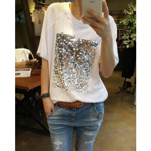 Summer Sequined Womens Short Sleeve Round neck T Shirts Loose Fashion Tops Couples Tee