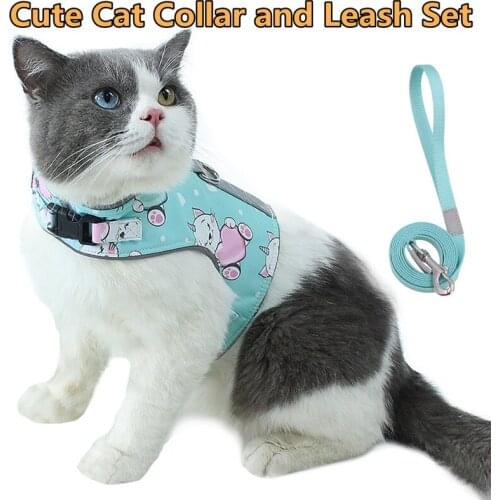 Cute Cat Collar and Leash Set Summer Print Vest Kitty Cloth Outdoors Accessory Reflective Cat Harness Break Free Velcro Buckle
