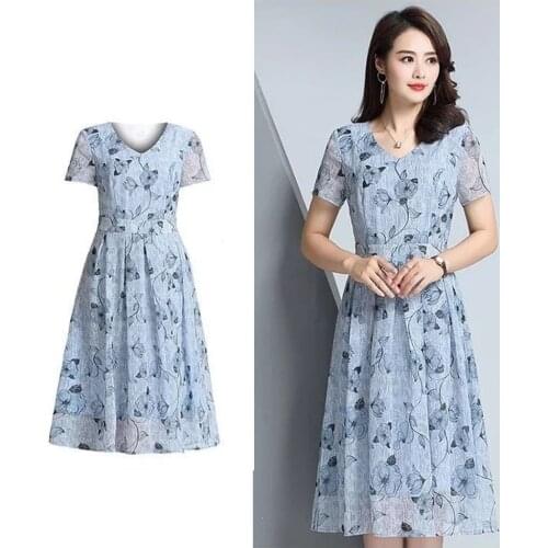 30# A-Line Dress Women Casual Floral Printed Dress V-Neck Short Sleeve Dresses Midi Dress платье женское vestidos