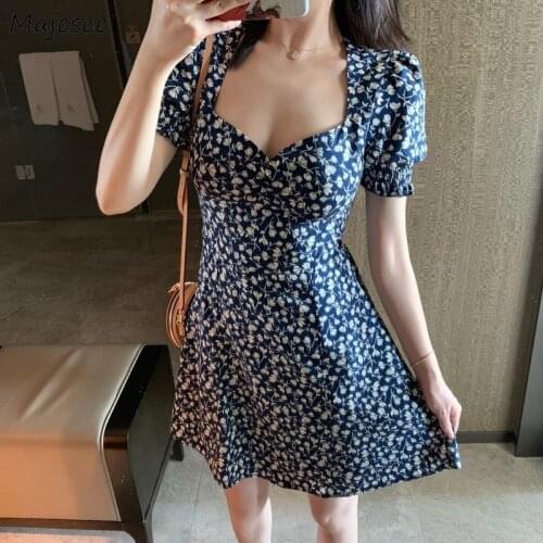 Dress Women Oversize Sweet V-neck Mini Fashion Floral Ruffles Elegant Korean Style Puff Sleeve Slim Sexy Vintage Cozy Summer Ins