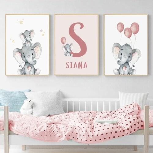 Cute Elephant Personalized Babys Name Custom Poster Canvas Painting Nursery Wall Art Print Pictures Gift Baby Room Home Decor