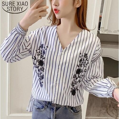 Autumn Regular Ladies Tops Plus Size New Stripe Embroidered Women Blouses 2021 V Neck Sexy Long Sleeve Women Shirts 6422 50