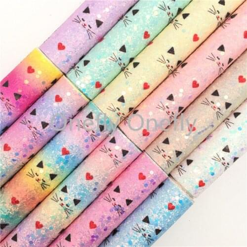 Onefly Hearts Cats Rainbow Glitter Leather Fabric With Soft Felt Backing, Synthetic Leather For Bow DIY handbags shoes FZ026