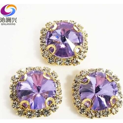 Crystal violet Round shape top glass crystal rhinestones with hole,golden bottom sew on stone for Diy Clothing accessories