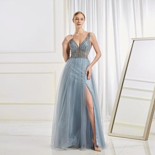 Sexy Blue Long Beaded Prom Dresses V Neck Tulle Sequined Slit Backless Party Dress Vestido De Festa