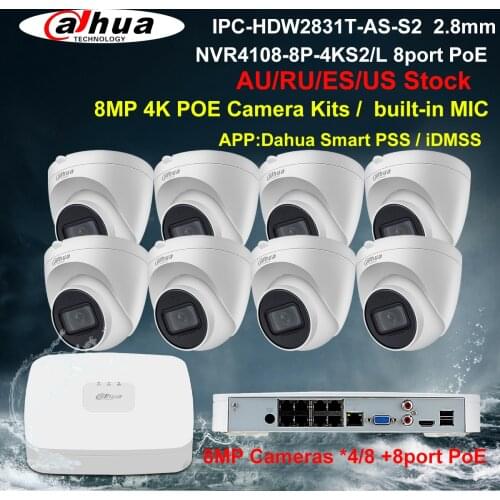 Dahua Security IP Camera System 8MP 4K PoE CCTV Kit IPC-HDW2831T-AS-S2 NVR4108-8P-4KS2 8CH NVR Recorder 4/8 Cameras built-in MIC