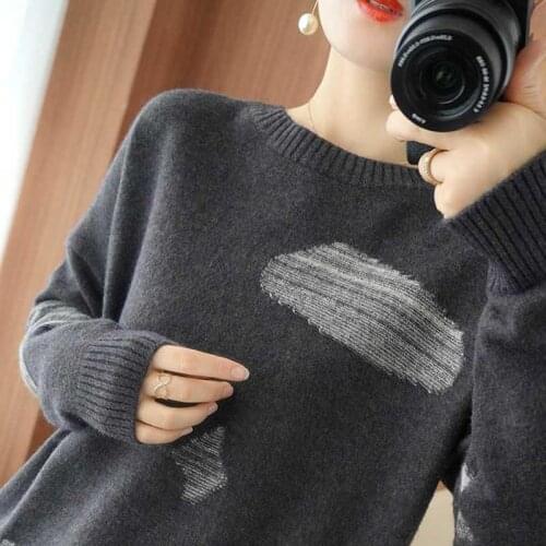 Color Matching Round Neck Sweater For Womens Loose Fitting Korean Large Size Versatile Top Long Sleeve Pullover And Bottom