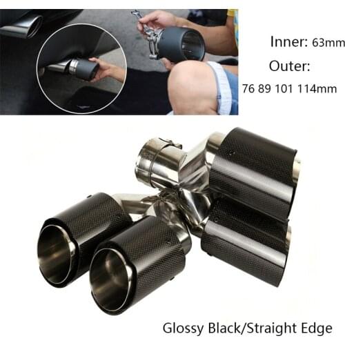 Universal 63mm Car Exhaust Tips Dual-outlet Muffler for SUV Auto Carbon Fiber Exhaust Pipe Left Right Glossy Black 89mm Outer