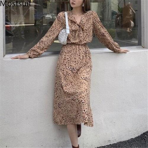 Vintage Printed Long Dress Women Full Sleeve V-neck Bowtie Elastic Waist Dresses Elegant Korean Fashion Vestidos Femme 2021