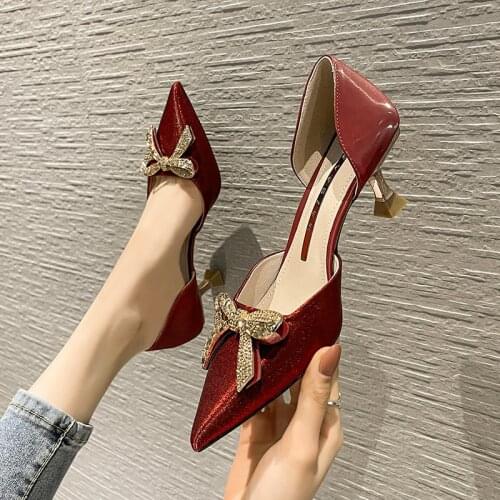 Water Diamond Fashion celebrity style high heel bride wedding shoes with pointed end and fine satin Bridesmaid hollow