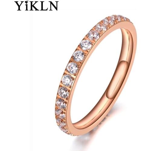 YiKLN Sparkling Titanium Stainless Steel Rhinestone Ring Jewelry Luxury Rose Gold CZ Crystal Wedding Ring For Women YR19144