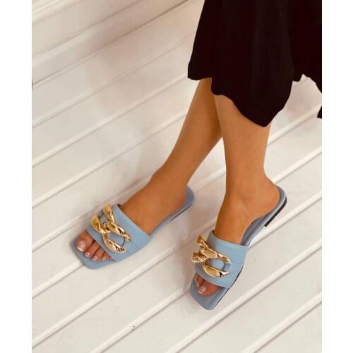 2021 New Fashion Women Buckle Flat Base Slippers Sandal Luxury Spring Summer High Quality Made in Turkey Beige Blue Powder Pink