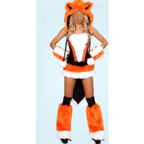 Woman Sexy Halloween Animal Cosplay Costumes Leather Fur Fox Orange Fox Role Play Disfraces Masquerade