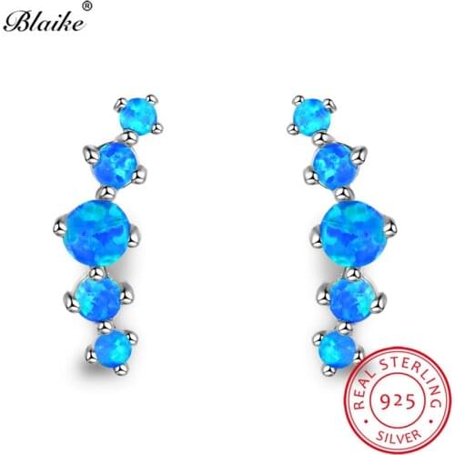 Blaike Blue Fire Opal Birthstone Luxury Single Row Stone Stud Earrings For Women 925 Sterling Silver Earrings Wedding Jewelry