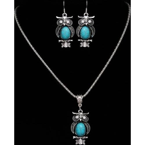 Fashion Jewelry Sets Tibetan Blue Stone Chain Necklace & Pendants Silver Plated Water Drop Shaped Stud Earrings Women Collar