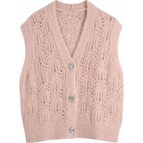 V-neck Knitted Vest Womens Sweater Jewelry Button Sleeveless Outerwear Pullover Elasticity Female Casual New Korea Style