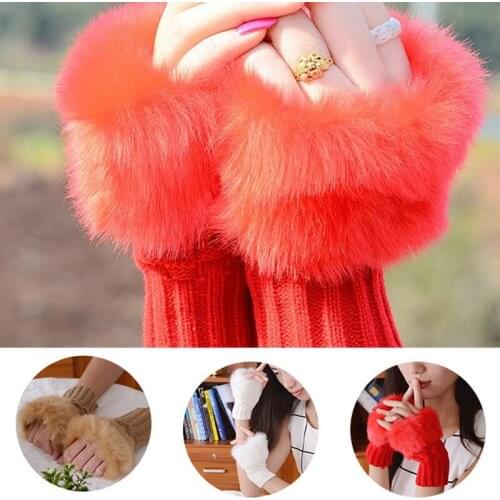 Winter Women Fingerless Gloves Plush Faux Fur Knitting Wool Keep Warm Short Mitten Fingerless Lady Girl Half Finger Glove