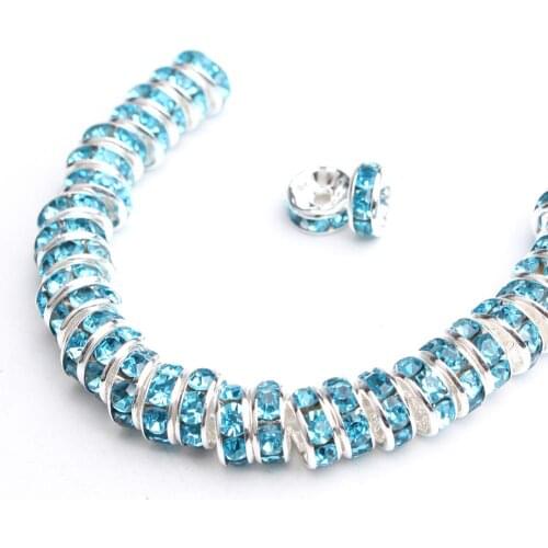 100pcs 6mm 8mm Lake blue Rhinestone Rondelles Loose Spacer Beads Metal Crystal Beads for Jewelry Making DIY Accessories