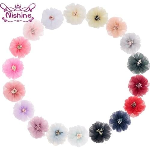 5pcs/lot Solid Color Net Yarn Flower Accessories with Stamen Princess Clothing Ornaments DIY Garland Wedding Bouquet Decoration