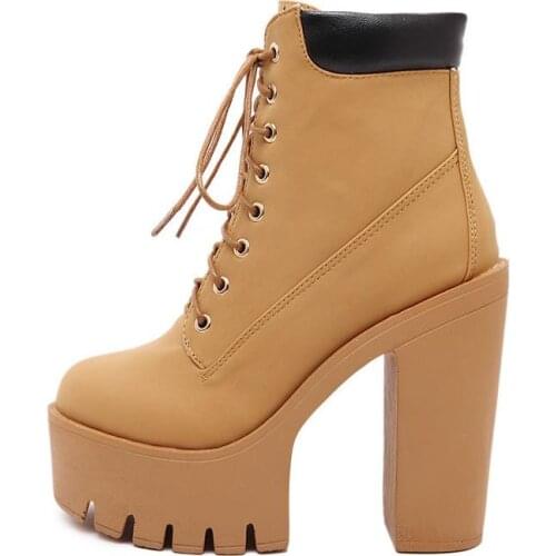 KNCOKAR Fashion Spring Autumn Platform Ankle Boots Women Lace Up Thick Heel Platform Boots Ladies Worker Boots Black Big