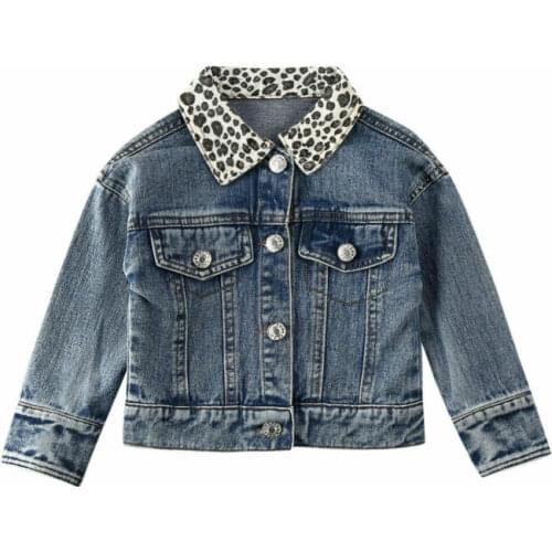 2020 Spring Autumn Girls Denim Jacket Leopard Print Long Sleeve Coat Winter Hot Fashion Toddler Kids Baby Girl Outerwear 9M-5Y