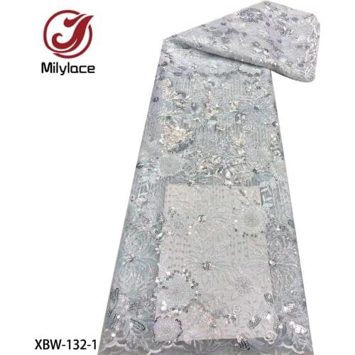 Elegant Embroidery Nigerian Beaded Lace French Sequins Fabric 2021 High Quality African Net Lace Fabrics 5 Yards XBW-132