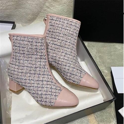 2021 Flannel Ankle Boots For Women Crude Heel Mixed Colors Slip-on Winter Pumps Leisure Patchwork White Increase Lady Daily Boot