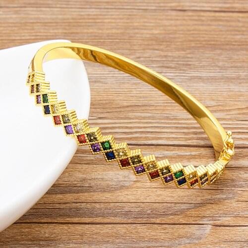 Geometric Charm Colorful Crystal Bangle Copper CZ Stone Cuff Bracelets For Women Girls Fashion Birthday Wedding Jewelry Gift