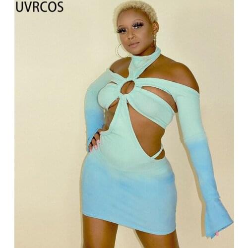 UVRCOS Hot Cyber Y2K Gradient Mini Dress 2021 New Slash Neck Three Quarter Sleeve Backless Cut Out Sexy Club Night Club Outfits
