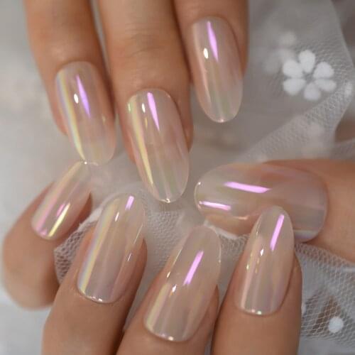 Holo Nail Aurora Neon Press on False Nails Long Chameleon Chrome Oval Fake UV Fingersnails Free Adhesive Tape