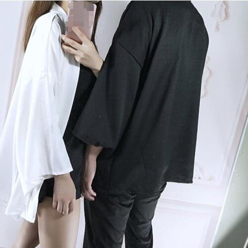 Spring Summer Couple Fashion Coat Japanese Kimono Cardigan Kimono Woman Man White Black Loose Outer Garment