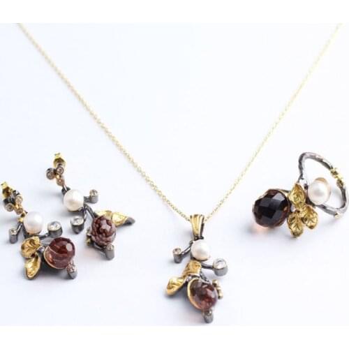 Drop Pearl Leaf Zultanite and Green Jewelry Set Gold Plated,Woman Silver Zultanite Ring+Necklace+Earrings,Handmade Woman Silver