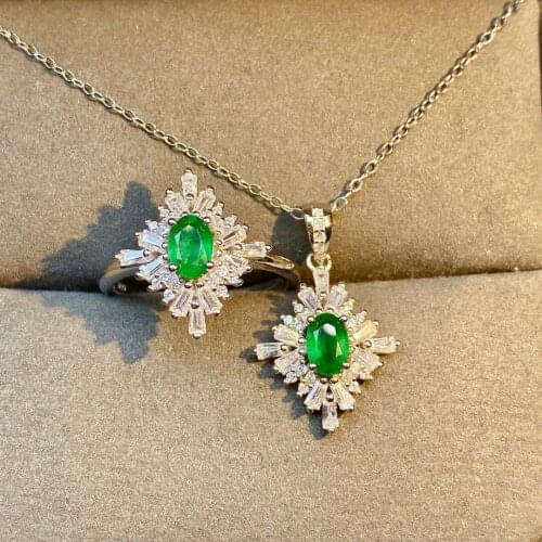 Real silver 925 jewelry Emerald rings necklace green necklace luxury jewelry Jewelry Sets party Ring/Necklace Women