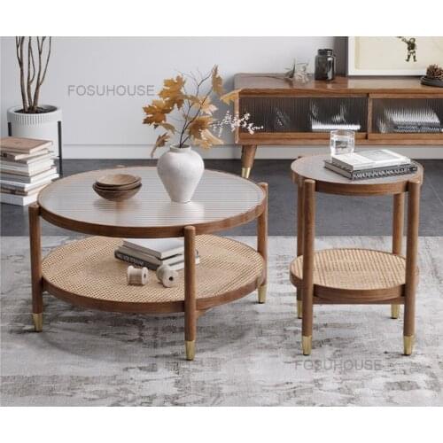 Nordic Solid Wood Round Coffee Tables Household Furniture Japanese Rattan Square Corner Table Modern Simple Glass Round Table
