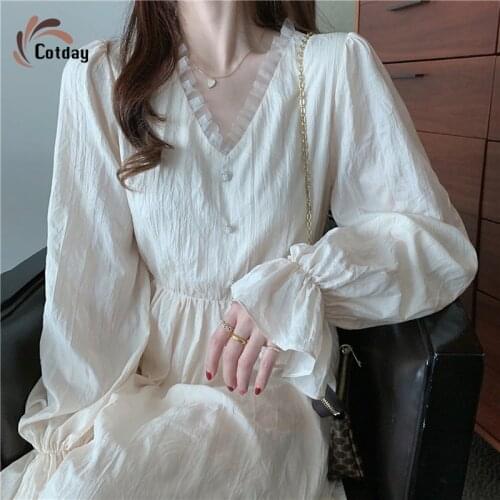 Cotday Apricot Lace Vintage 2021 New Flare Sleeve Korean V-Neck Casual Elegant Lady Fashion Female long Women Clothes Dress