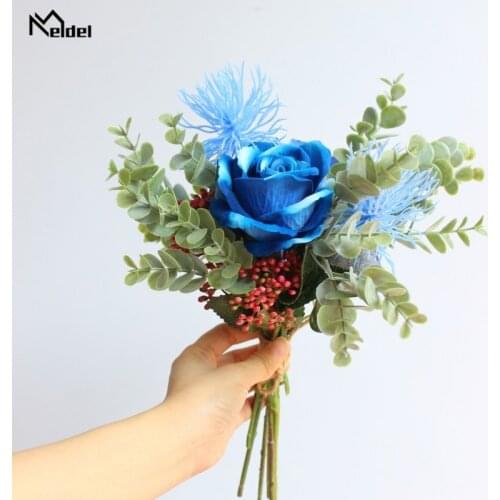 Meldel Bride Bouquet Flower Wedding Royal Blue Rose Artificial Flower Forest Style Hydrangea Pompon Fruit Unique Wedding Bouquet