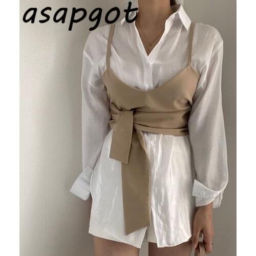 Sexy Short Bow Camisole Tops Autumn 2021 Chic Korean Casual Lapel Blouse Single-breasted Gloss Loose Long-sleeved Shirt Retro