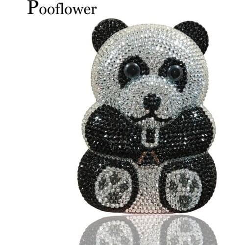 Pooflower Women Diamonds Wedding Party Purse Evening Bag Panda Shape Crystal Clutch Chains Mini Handbag bolso fiesta mujer ZH254