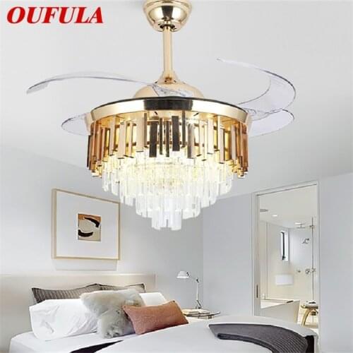OUFULA Ceiling Fan Light Invisible Luxury Crystal LED Lamp With Remote Control Modern For Home