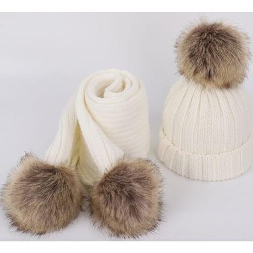 New version of childrens single hair ball woolen hat and scarf set men and women thickened big hair ball knitted ear cap set