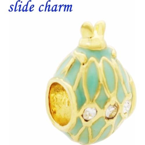 Slide charm Free shipping light green enamel gilt egg white crystal love charm beads fit Pandora bracelet