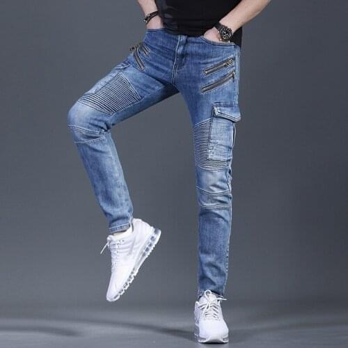 High Street Mens Slim Fit Denim Pencil Pants Zipper Pleated Pocket Moto Biker Jeans Fashion Casual Long Cowboy Pants Trousers 36