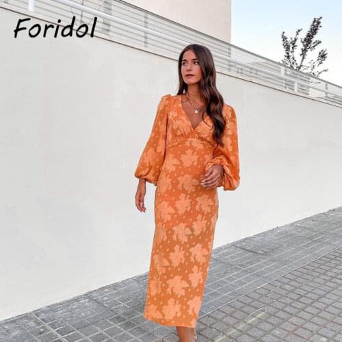 Foridol Lantern Sleeve V Neck Orange Autumn Winter Party Dress Women Vestidos De Fiesta Elegant Maxi Long Dress Office Ladies