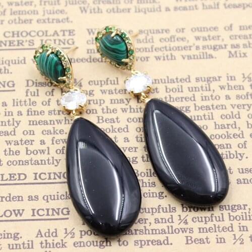 GuaiGuai Jewelry Natural Black Onyx Clear Crystal Green Malachites CZ Paved Stud Dangle Earrings Handmade For Women