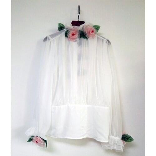 Runway Fashion White Women 2021 Spring Summer 3D Rose Appliques Ruffles Party Holiday Elegant Blouse