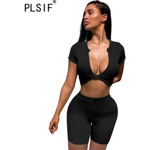 Young party women fashion deep v neck short sleeve crop top and hot short 2 pieces set sexy tight club party lady fashion set